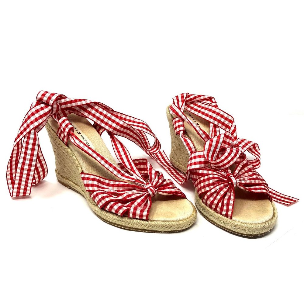 Tommy Hilfiger Red Gingham Espadrilles, Summer Sandals, Ties at Ankle, Size 6